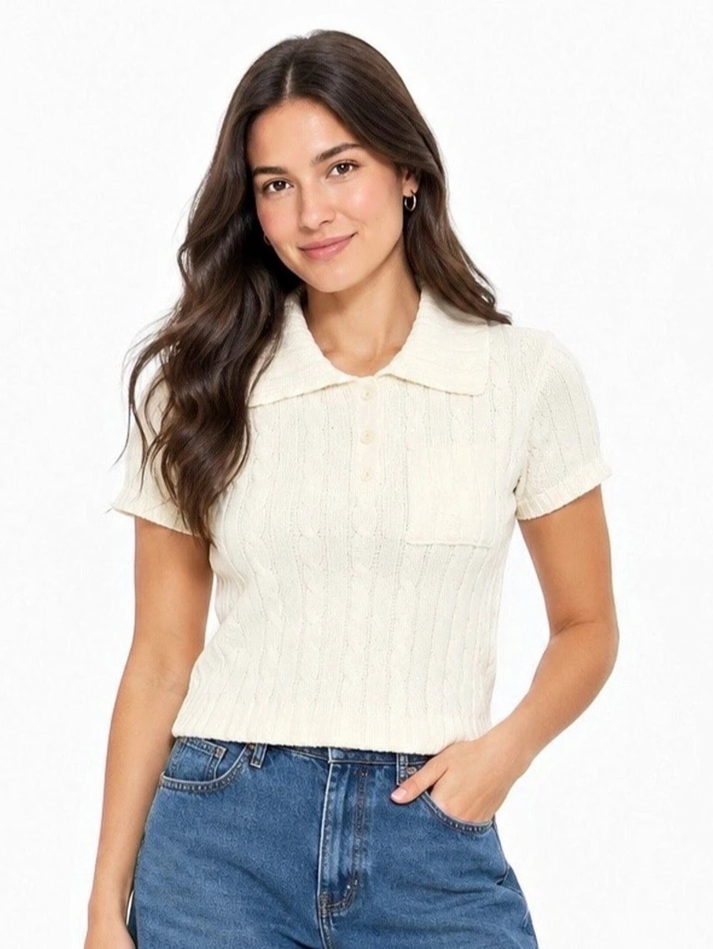 Wild Fable Women's Short Sleeve Cable Knit Polo Sweater Cream Size M